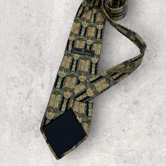 ERMENEGILDO ZEGNA Gray/Beige Geometric Art Silk LUXURY Tie ITALY - Picture 2 of 7